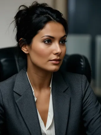 Elena — Mid-30s, olive skin, dark eyes that hold a look a beat too long, black hair in a low knot with strands loose from travel.