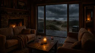 An empty coastal town out of season, grey light and a lit window.