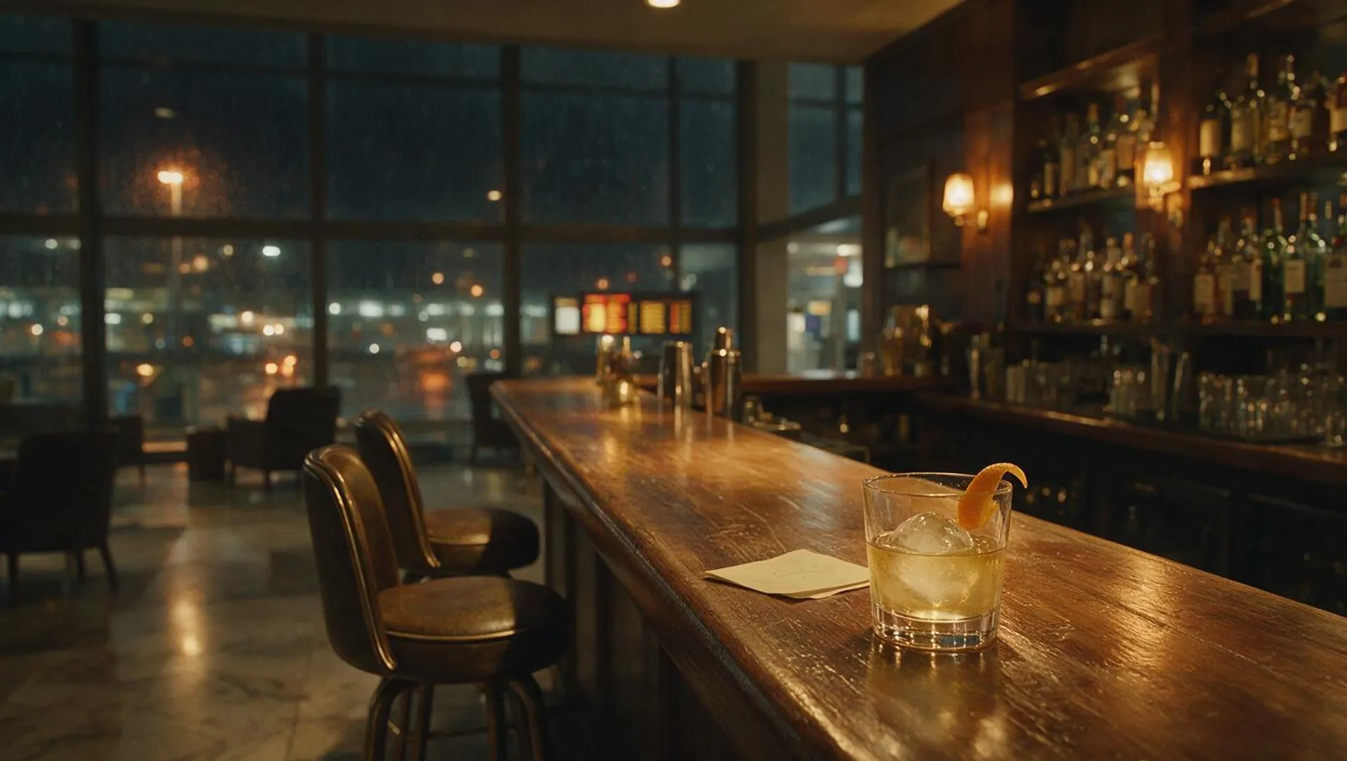An airport hotel bar late at night, rain across tall windows, low amber light.