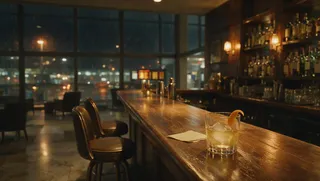 An airport hotel bar late at night, rain across tall windows, low amber light.